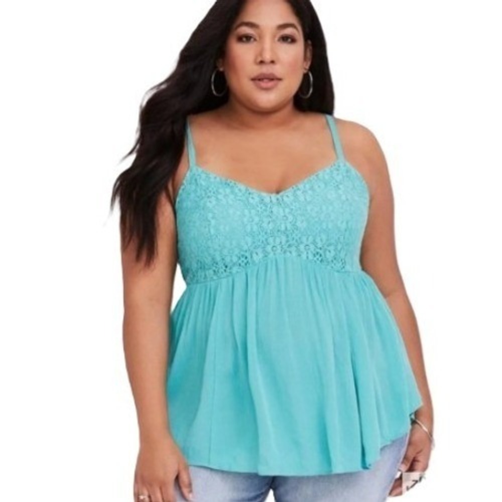 Torrid Lagoon Teal Slub Gauze Lace Babydoll Cami Top Size 0 Large 12 Floral